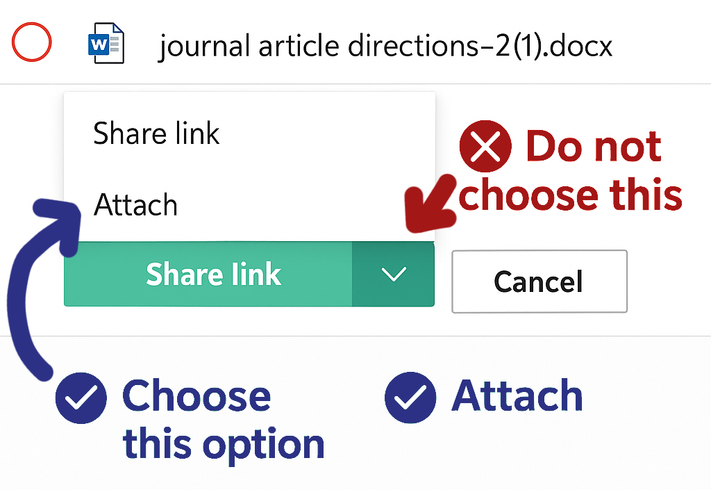 Screenshot showing options to attach or share link with arrows pointing to each